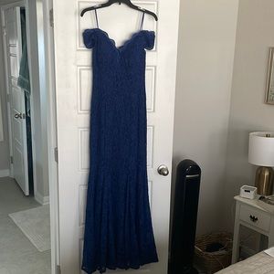 Navy Blue Lace Off-the-Shoulder Maxi Dress